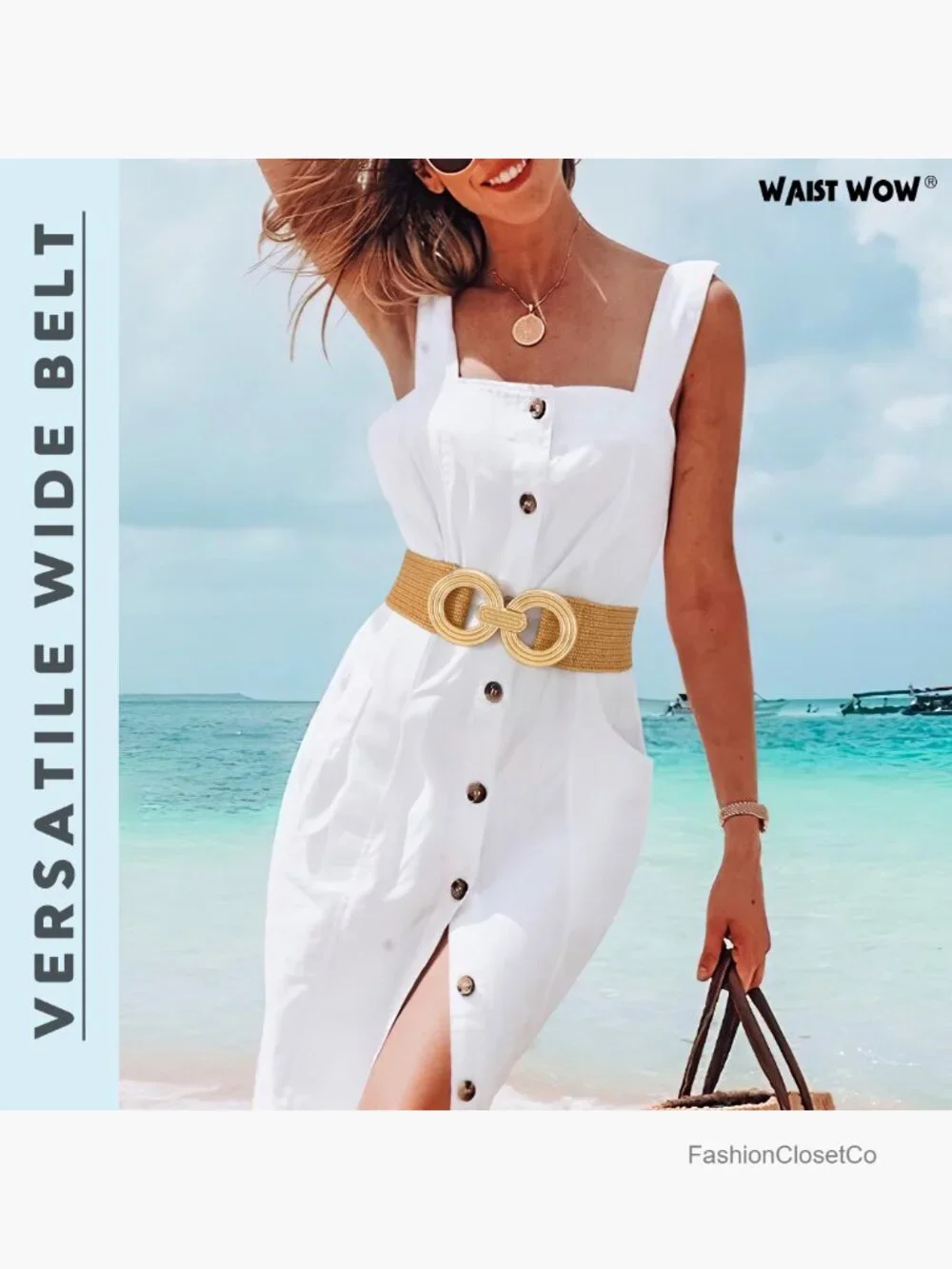 Straw Woven Elastic Stretchy Belt with Gold Buckle for Dresses